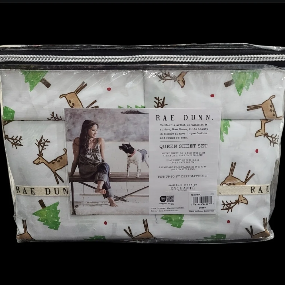 Rae Dunn Stag Reindeer Christmas Tree Queen Bed Sheet Set Decor New